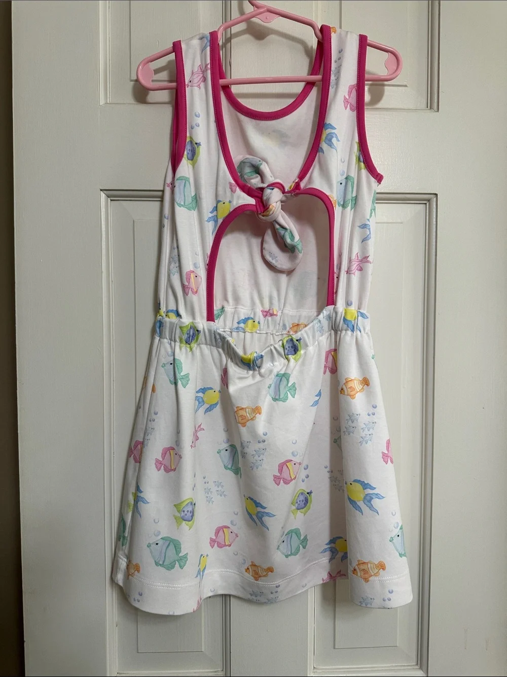James & Lottie Girls' White Knot Fish-Print Dress with Pink Trim